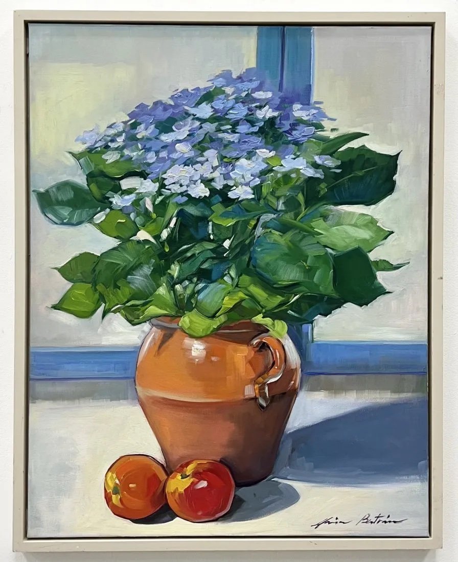 Modern Still Life Of Flowers, Signed: Oil on canvas 37 x 29 in, 39 x 31 in (framed)