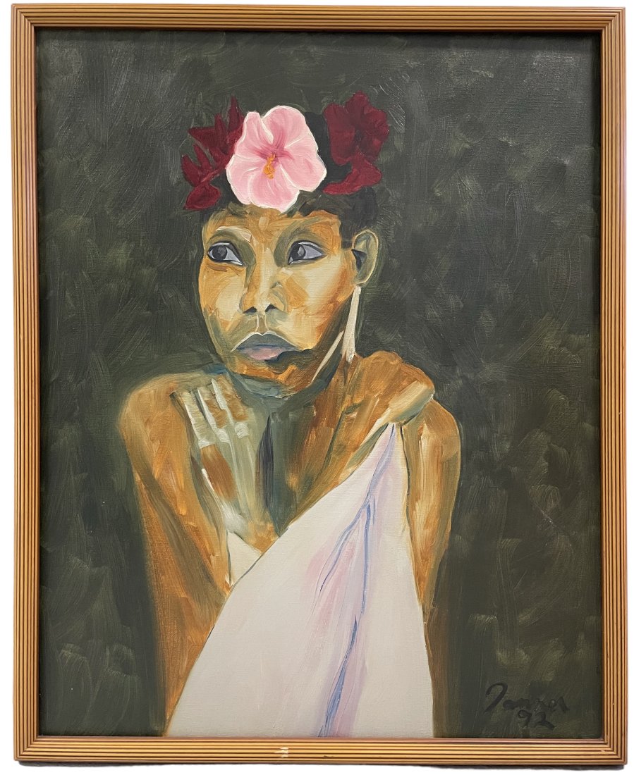 Vintage Modernist Caribbean Island Portrait Of A Woman, Signed: Oil on canvas 24 x 30 in