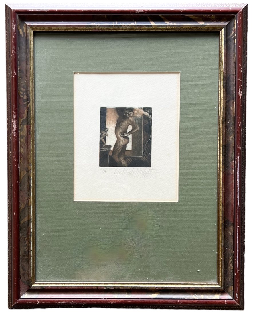 Modernist Male Nude Etching, Signed: Size 18 x 14 in (framed)