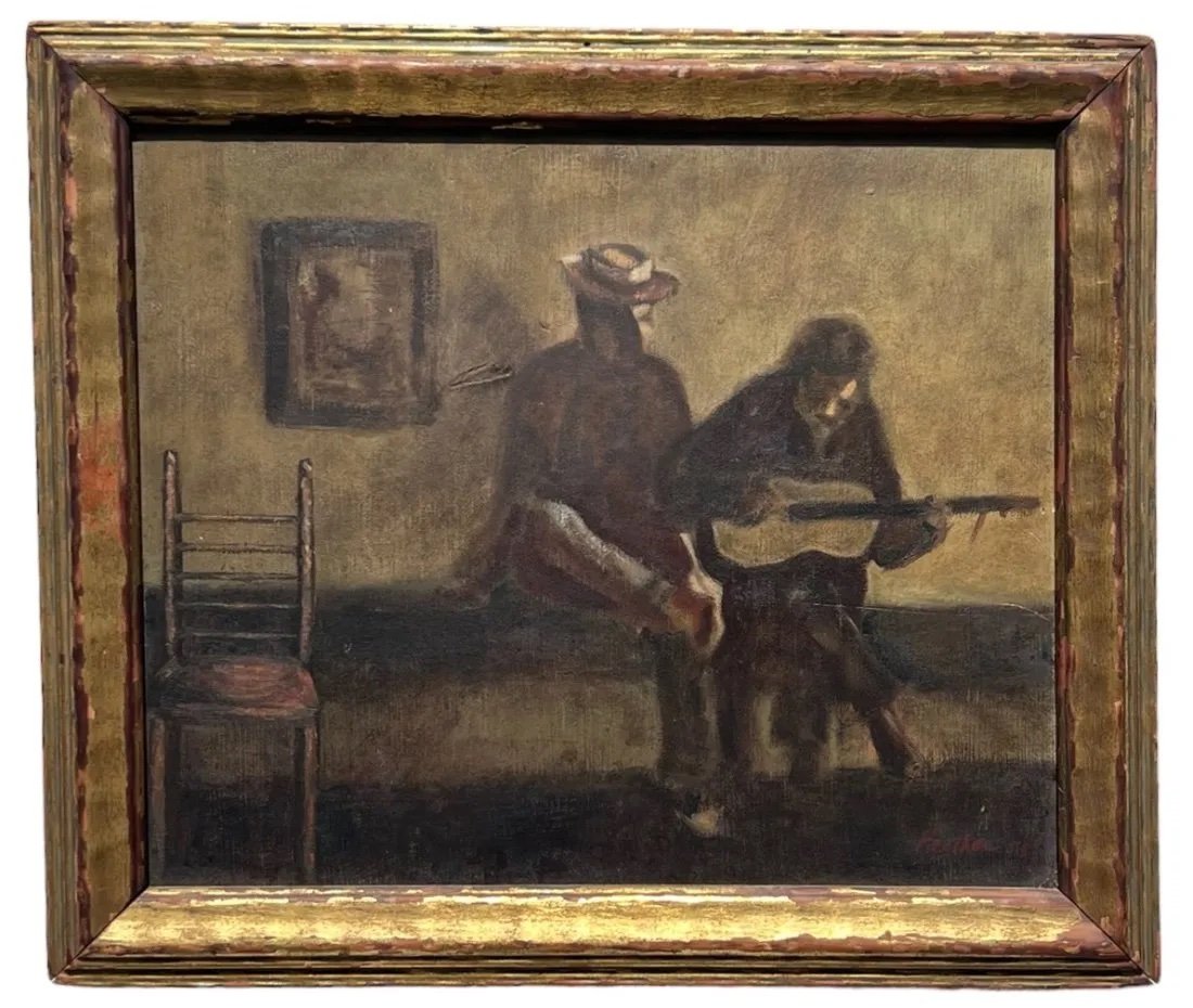 Spanish Guitar Player Musicians Interior Scene, Signed: Oil on board 14 x 12 in