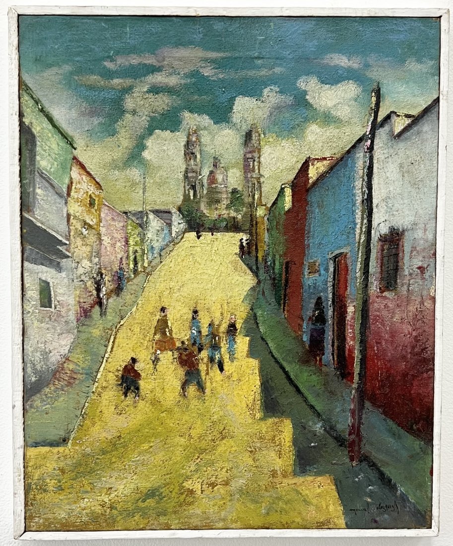 Spanish Modernist Street Scene, Signed: Oil on canvas 15 x 11 in