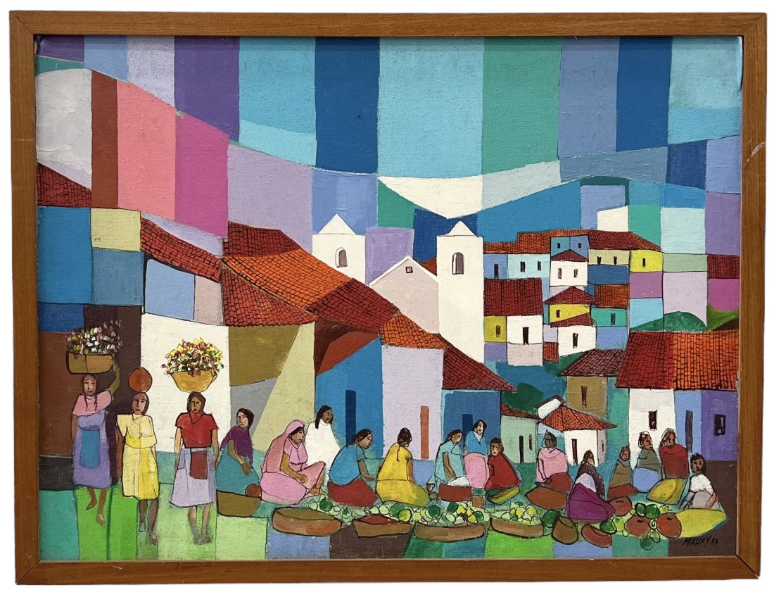 MAURY FLORES GOMEZ (b. 1950, Honduras) Village Scenee: Oil on board 24 x 18 in, 25.5 x 19.5 in (framed)