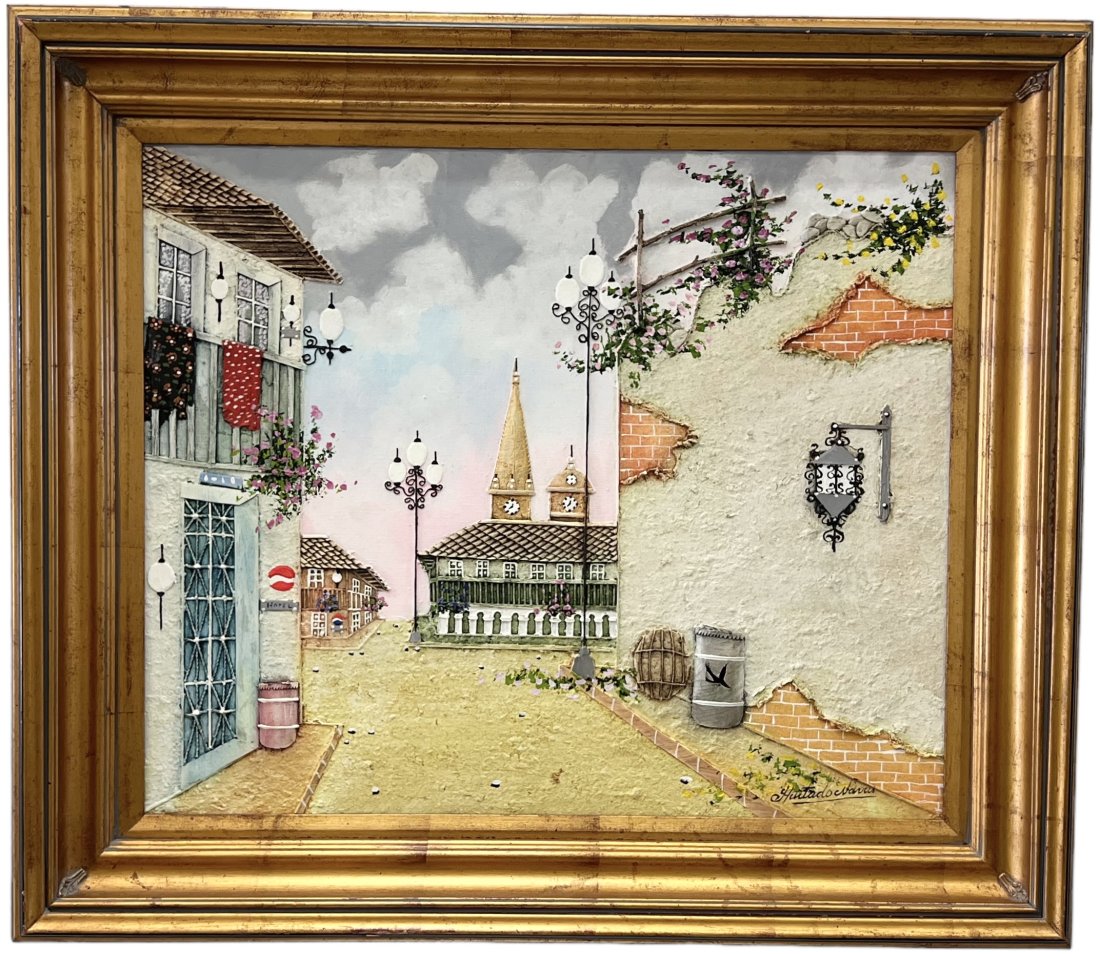 HURTADO NAVAS (20th c, Colombian) Street Scene: Mixed media on canvas 24 x 20 in, 31 x 27 in (framed)