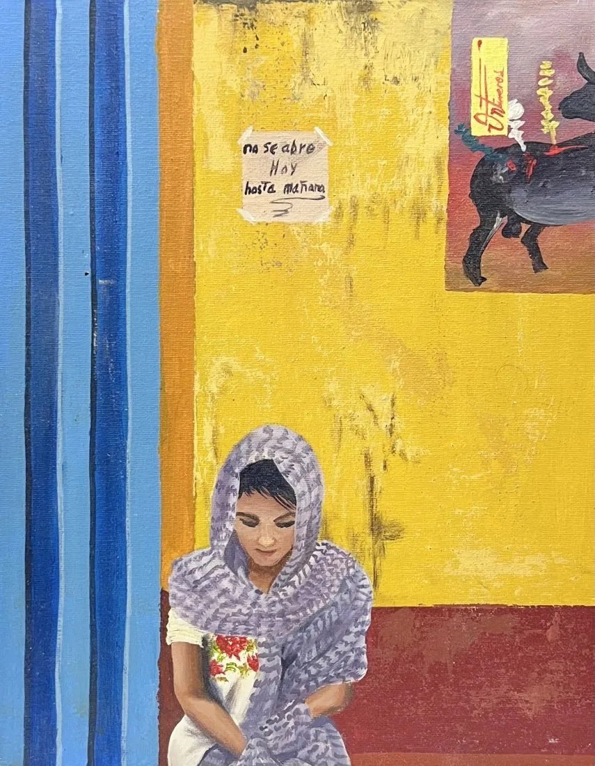 Mexican Street Scene Of A Woman, Signed: Oil on board 14 x 11 in