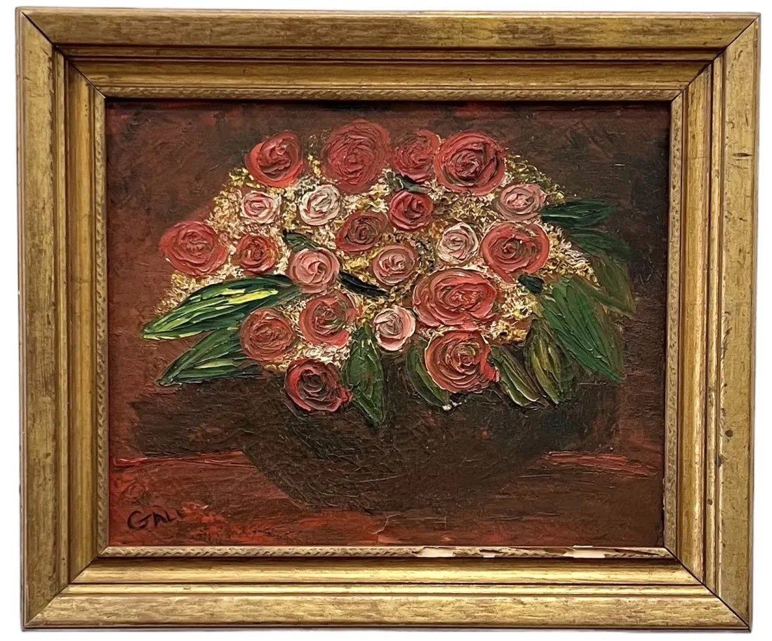Vintage Modernist Still Life Of Flowers, Signed: 20 x 16 in, 25 x 21 in (framed)