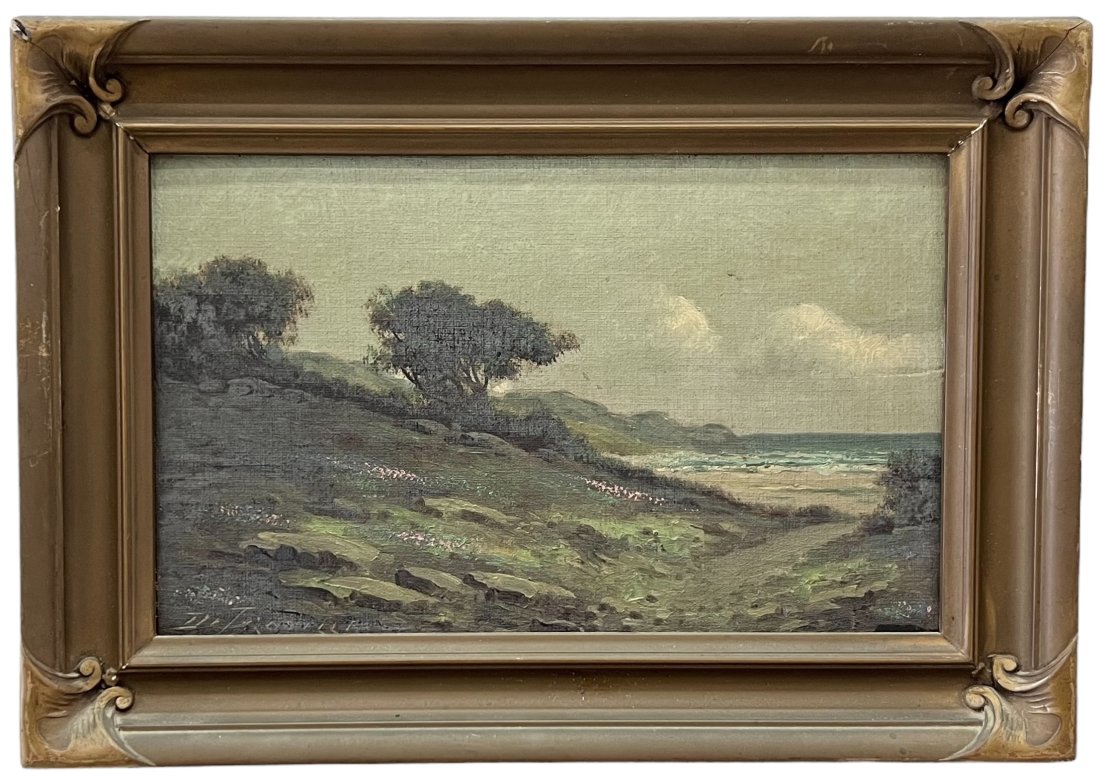 RICHARD DETREVILLE (1864-1929, California) San Gregorio Beach, Impressionist: Oil on board 10.5 x 6.5 in, 13.5 x 9.5 in (framed).Richard De Treville (1864-1929) was born in Beaufort, South Carolina on November 17, 1864. In 1892, he moved to California and settled in Stockton wh