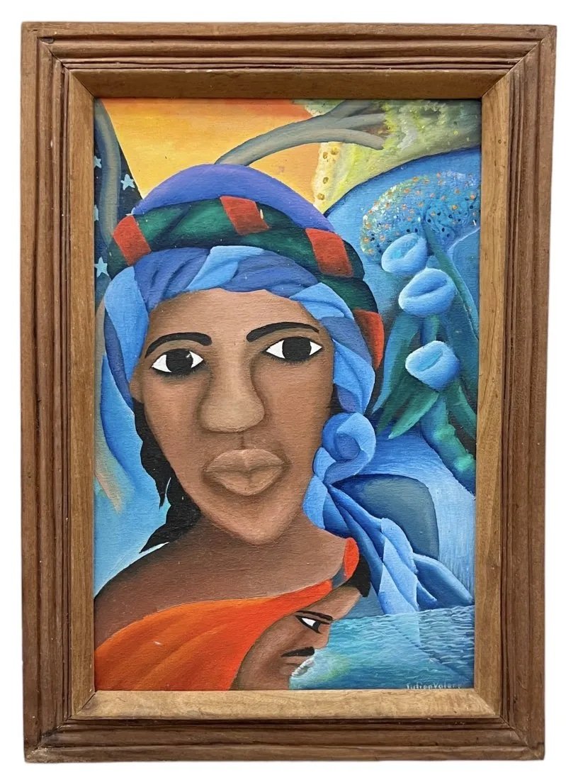 JULIEN VALERY (1958-2001, Haiti) Surrealist Portrait: Oil on canvas 20 x 13 in, 24 x 17 in (framed)