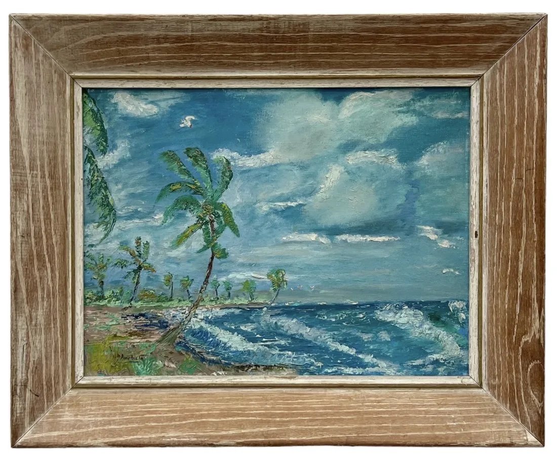 Vintage Impressionist Florida Coastal Landscape: Oil on board 16 x 12 in, 21 x 17 in