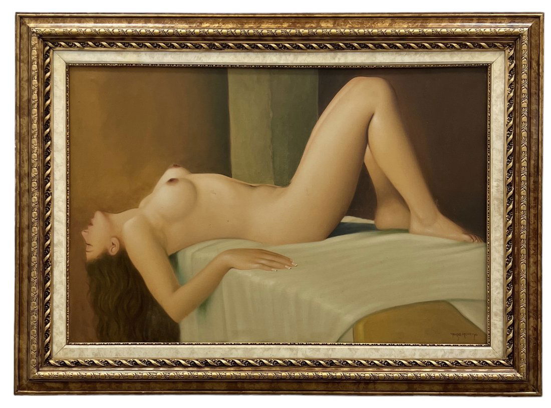 Monumental Reclining Nude Woman Realism Oil Painting, Signed: Oil on canvas 47.5 x 31.5 in, 49 x 43 in (framed)