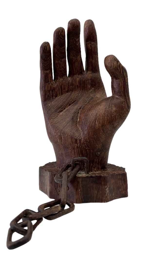 Vintage Cuban Carved Solid Wood Chained Hand Sculpture, Signed On Base (1 of 2)