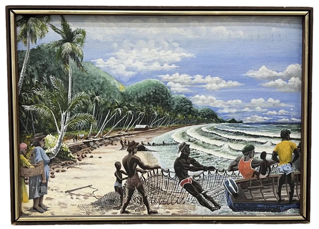 GEOFFREY STOUTE (20th c, Trinidad and Tobago) Damien Bay, Caribbean Fisherman: Beach scene. Oil on board 24 x 17 in, 25 x 18 in (framed)