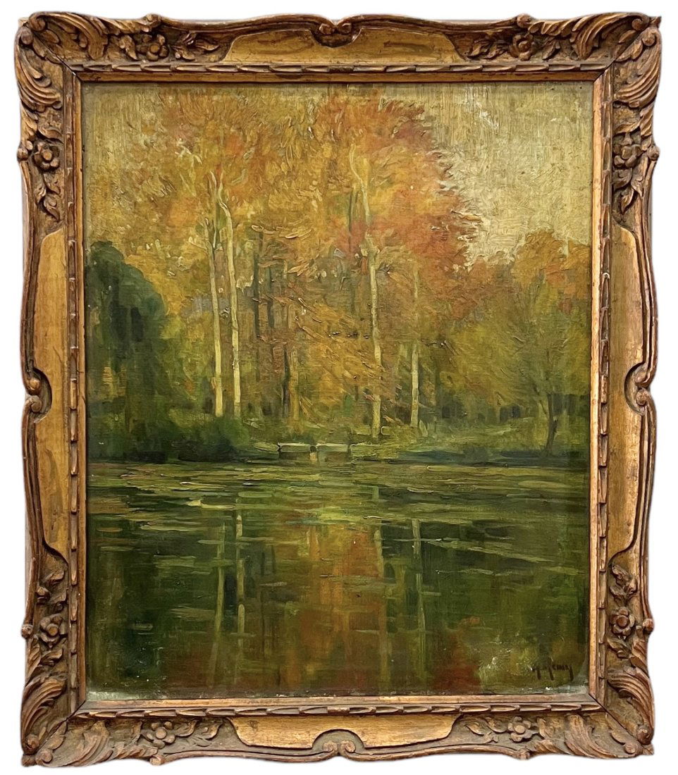 European School Impressionist Fall Forest Landscape Canoe On Lake, Signed (1 of 4)