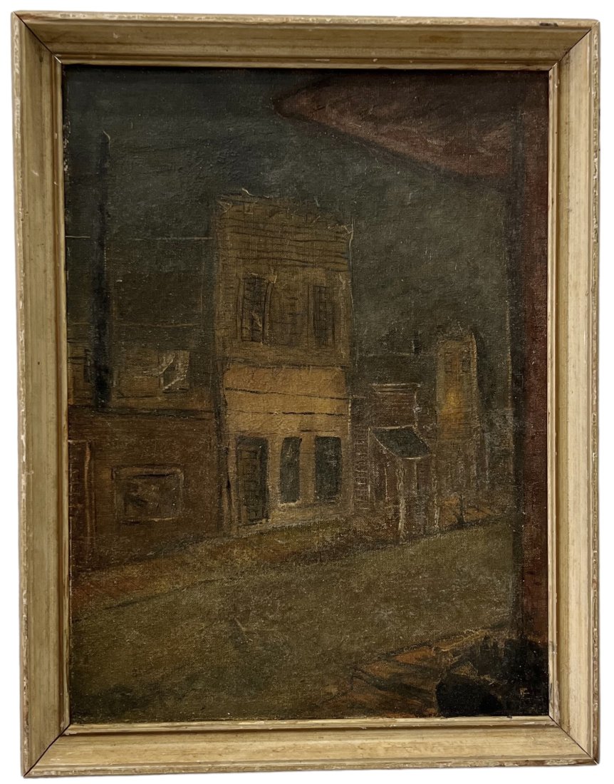 1930's American WPA Regionalist Dark Street Scene Painting: Oil on board 16 x 12 in, 17.5 x 13.5 in (framed)