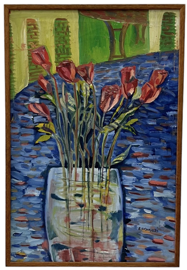 Vintage Modernist Painting Of Flowers, Signed: Acrylic on canvas 31 x 21 in (framed)