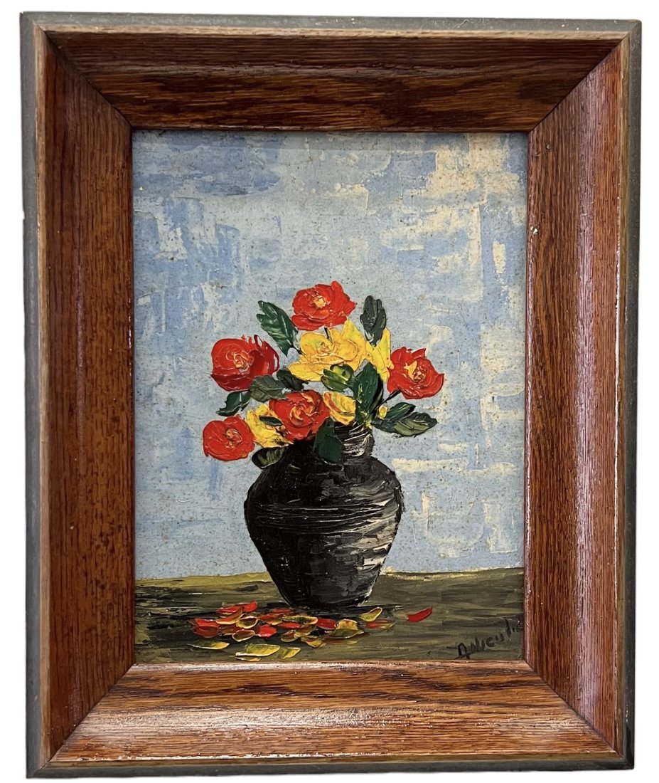 Vintage Colorful Still Life Of Flowers, Signed: Oil on board 12 x 9 in, 16 x 12.5 in (framed)