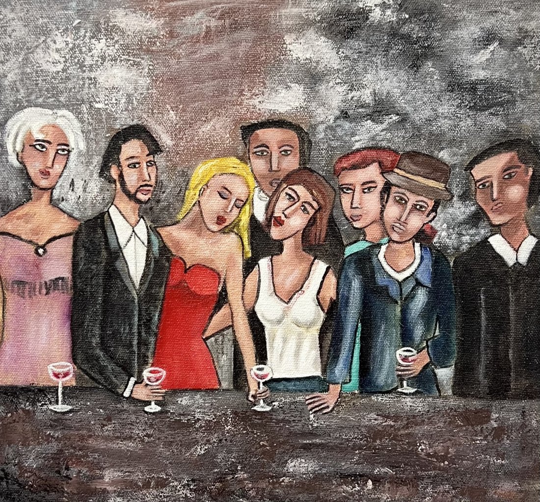 1980's Mexican Nightclub Scene Oil On Canvas Painting, Unsigned: Oil on canvas 13.5 x 12.5 in