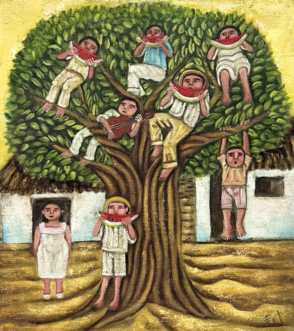 Mexican Folk Art Painting Children With Watermelons: Oil on canvas 16 x 14 1/4 in
