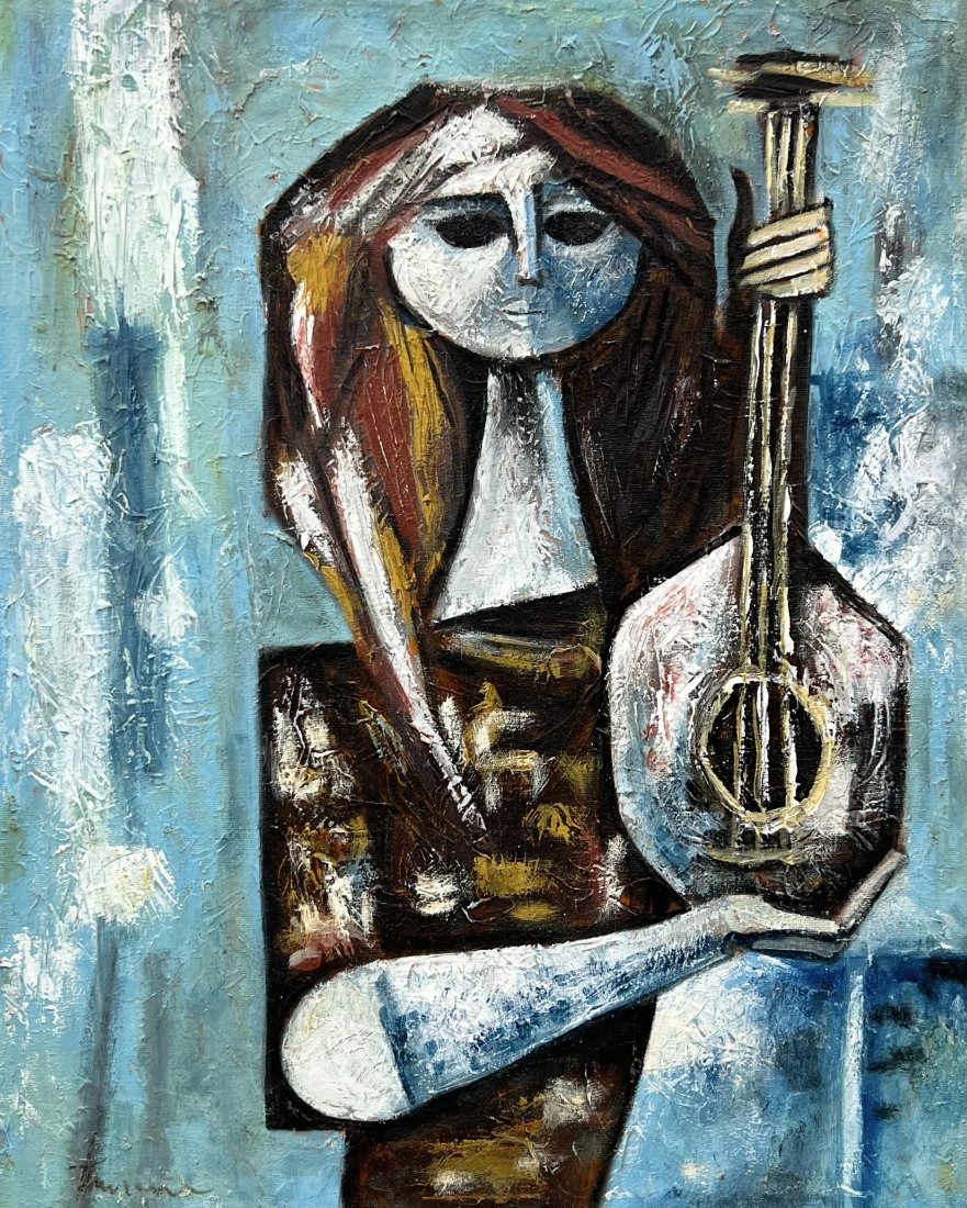 Mexican Cubist Portrait Of A Musician With A Banjo, Signed: Oil on canvas 18.5 x 15 in