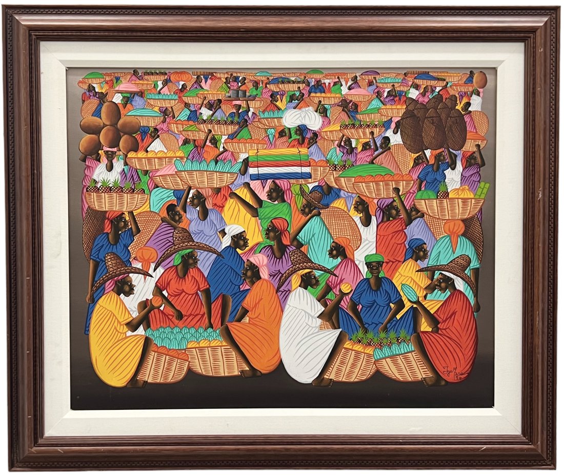 Vintage Colorful Haitian Abstract Of Villagers, Signed: Oil on canvas 38 x 32 in (framed)