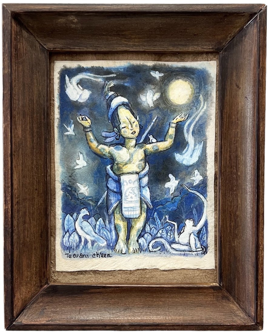Mexican Ceremonial Mayan Painting, Signed: Mixed media on paper 8 x 6 in, 11.5 x 9.5 in (framed)
