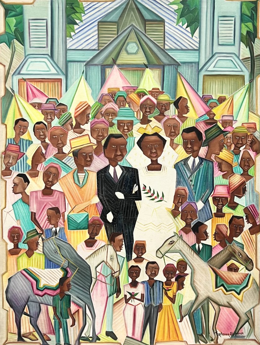 ALPHONSE FRITZNER (1938-2006, Haiti) Wedding Celebration, Large Painting: Oil on canvas 46 x 35 in