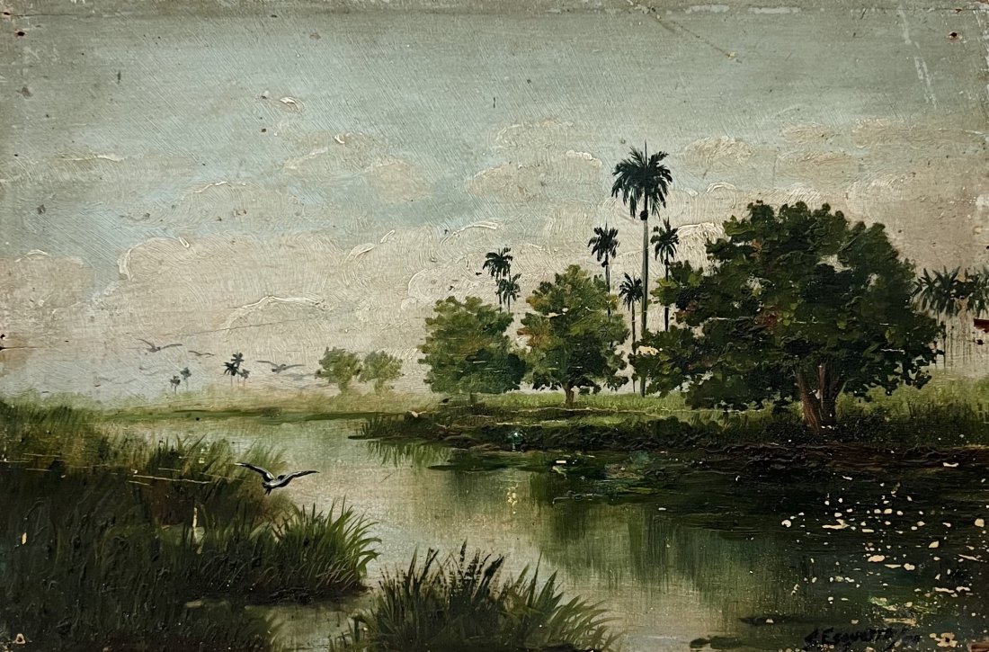 JOSE SEGURA EZQUERRO (1897-1963, Cuban) Tropical Landscape: Oil on wood 12 x 8 in