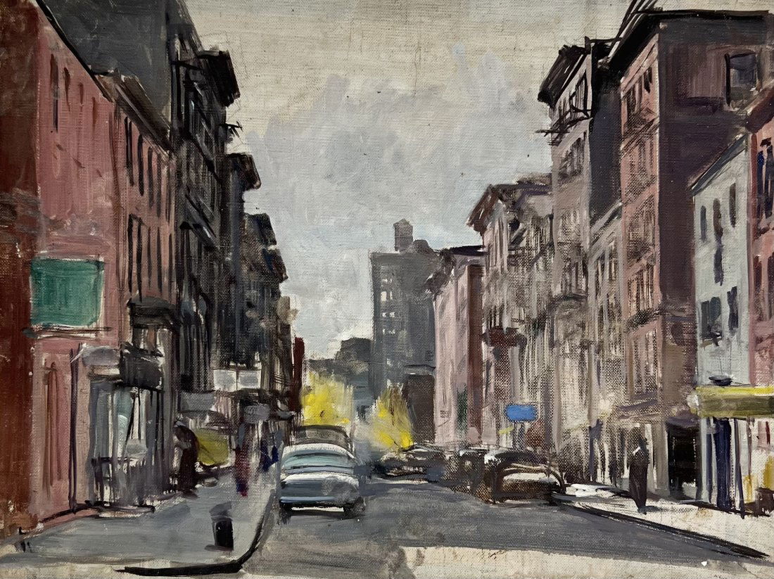 TORE ASPLUND (1903-1978, American) 1940's New York City Street Scene: Oil on board 16 x 12 in