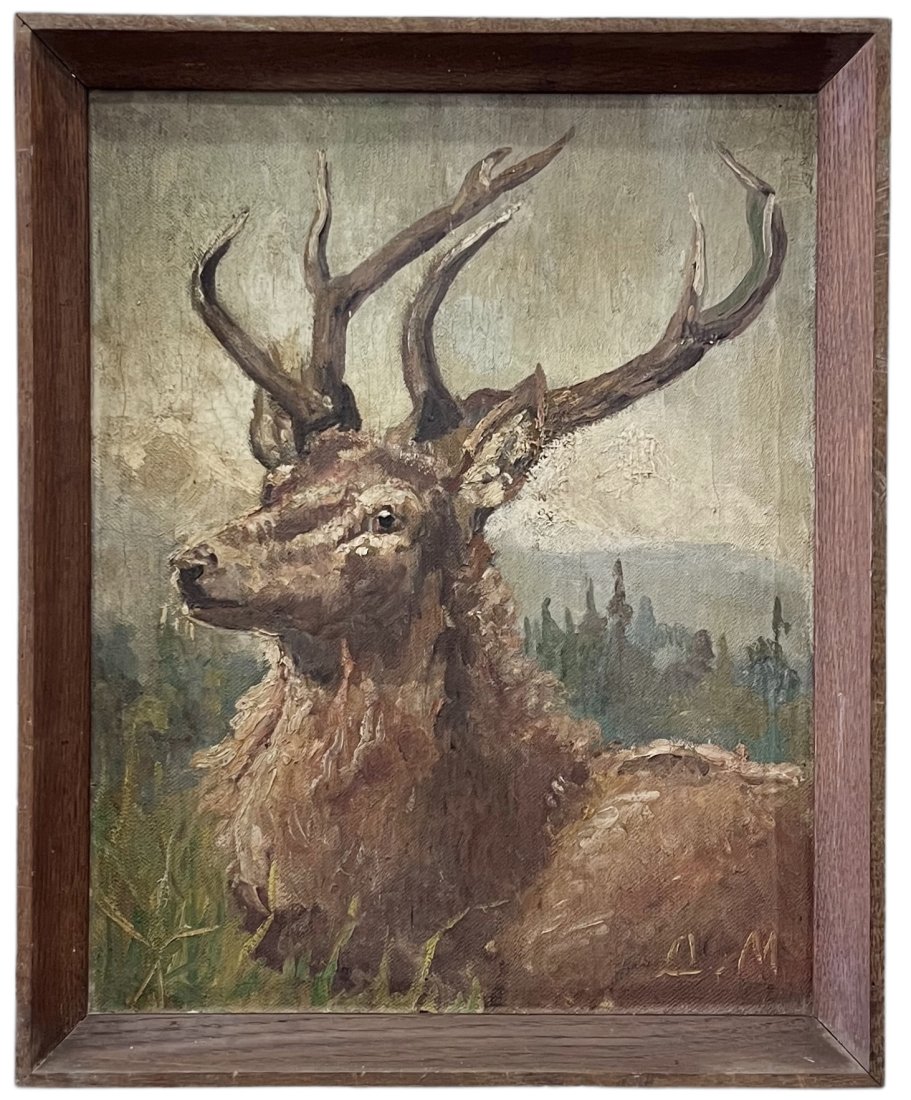 Antique American West School Painting Of An Elk Signed w/ Monogram: Oil on canvas 18 x 14 in