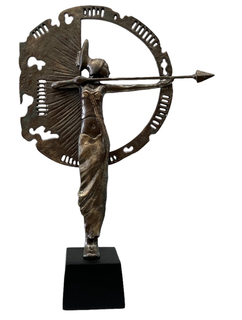 Contemporary Metal Sculpture Figure Woman Shooting Arrow: Size 22.5 x 15 in