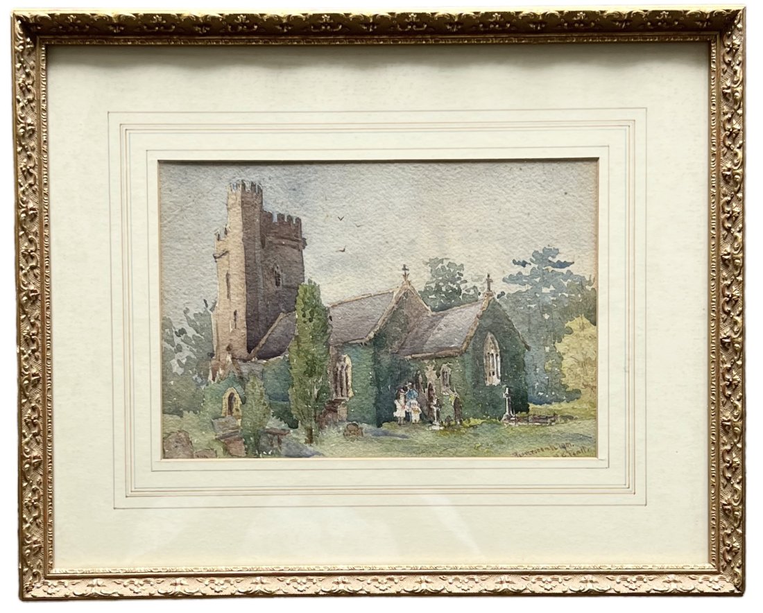 Antique English School Impressionist Waster Color Of A Church, Signed: Size 9 1/4 x 6 1/2 in, 15.5 x 12.5 in (framed)