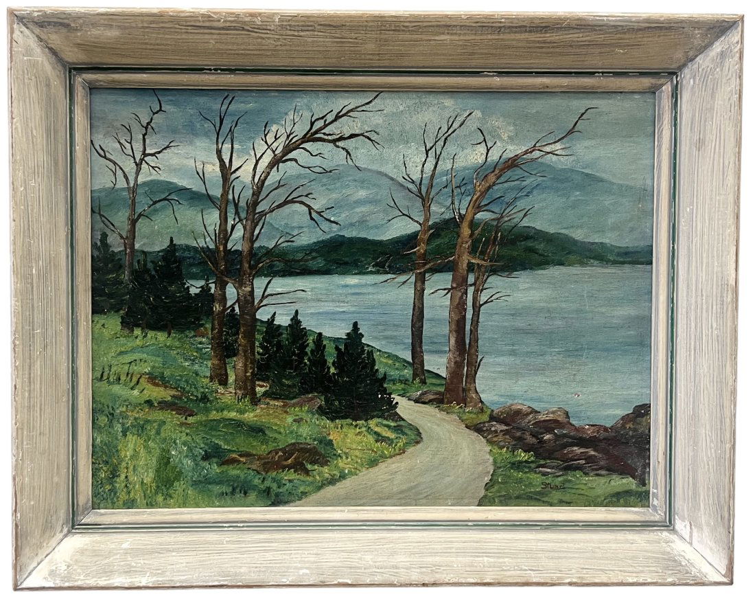 1930's WPA Era Mountain Lake Landscape, Signed Stuart (1 of 5)