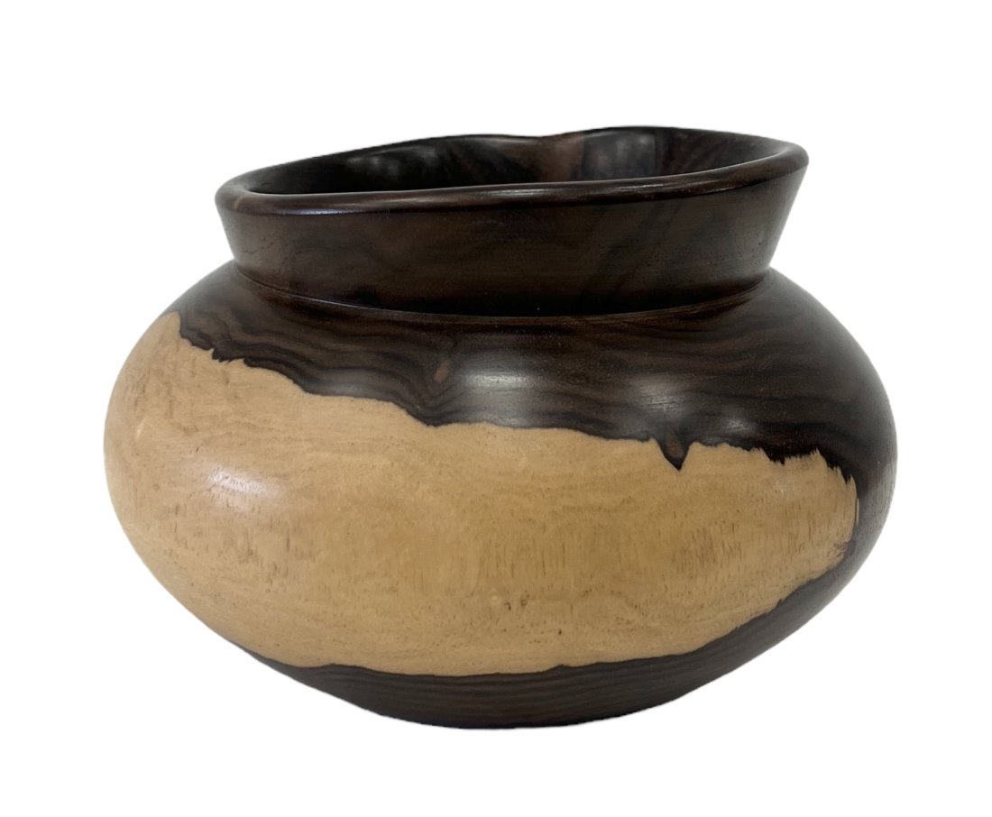 Mid-Century Modern Two Tone Turned Wood Artist Signed Decorative Bowl: Size 6 x 4 in