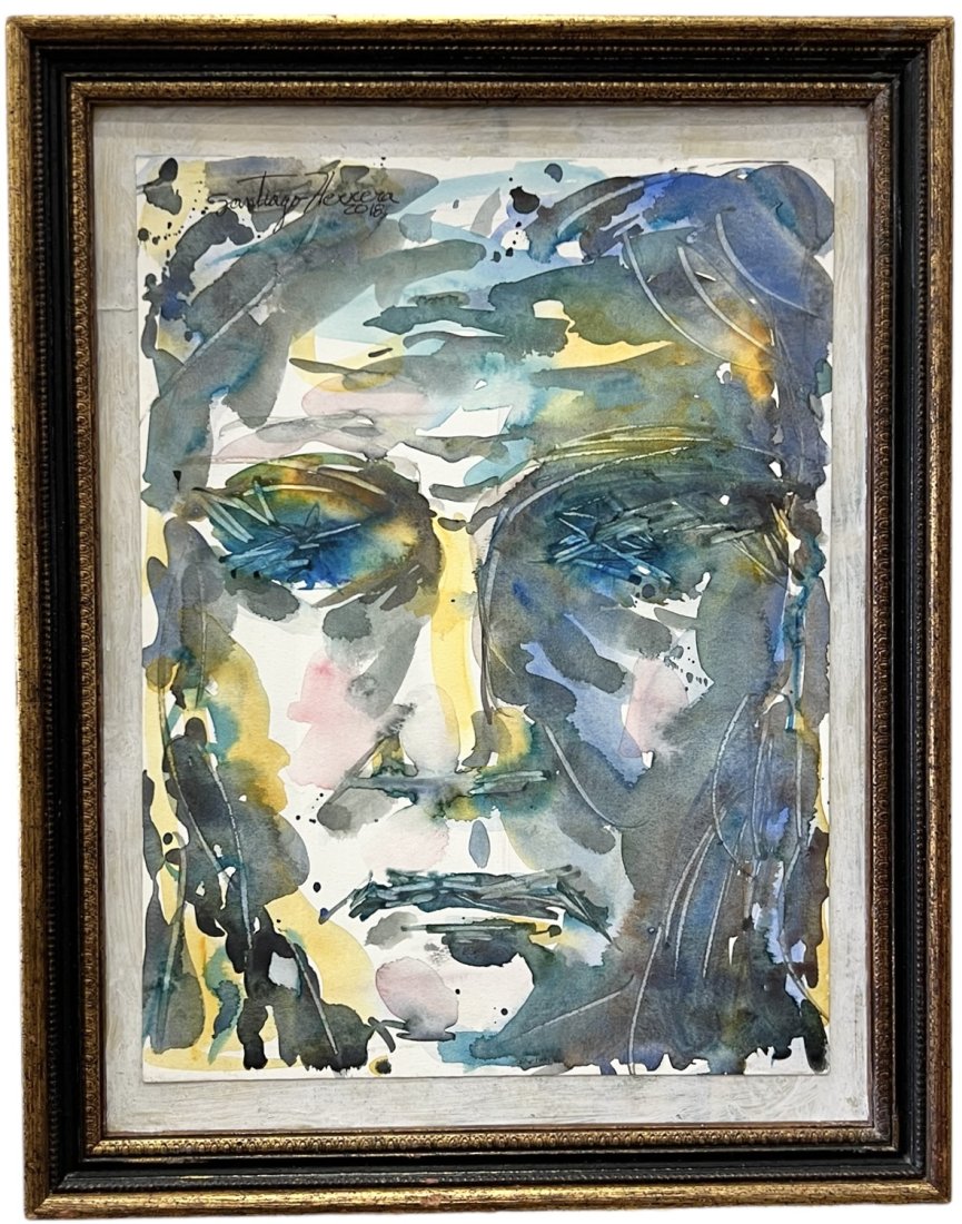 Contemporary Mexican Abstract Painting Of A Face, Signed: Mixed media on paper 16 x 12 in (framed)