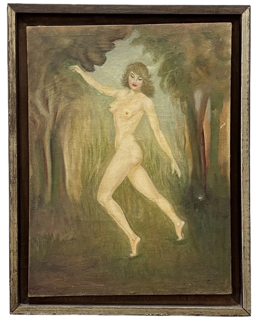 Early 20th Century American School Nude In Landscape: Oil on canvas 18 x 14 in (framed)