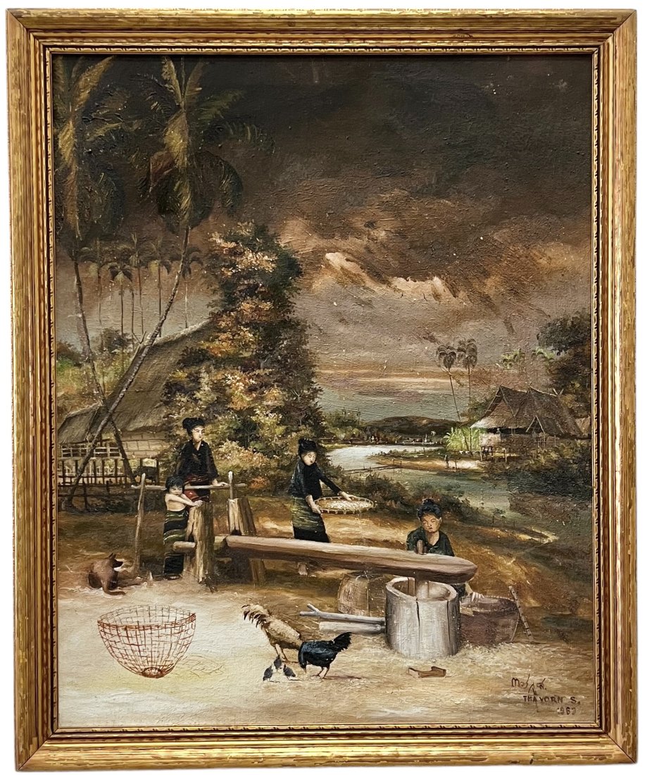 Vintage Thailand Landscape Signed & Dated Villagers In River Landscape: Oil on canvas 31 x 25 in, 34.5 x 28.5 in (framed)
