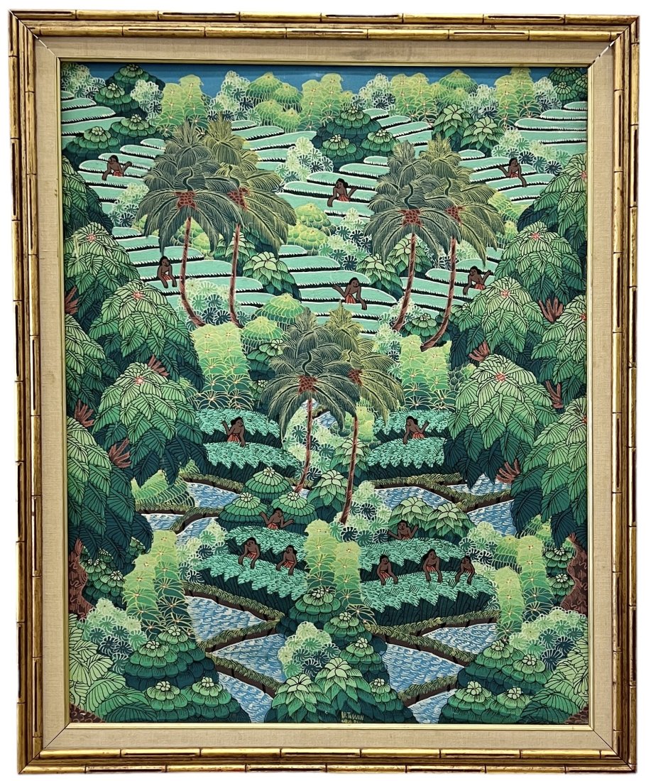 Colorful Indonesian Balinese Naive Folk Art Painting, Signed: Oil on canvas 32 x 25.5 in, 36 x 30 in (framed)