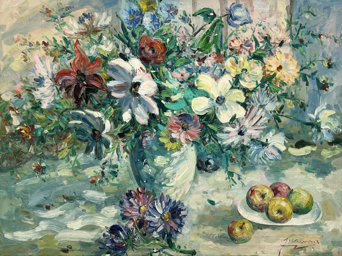 Vintage Impressionist Still Life Of Flowers, Signed: Oil on canvas 40 x 30 in