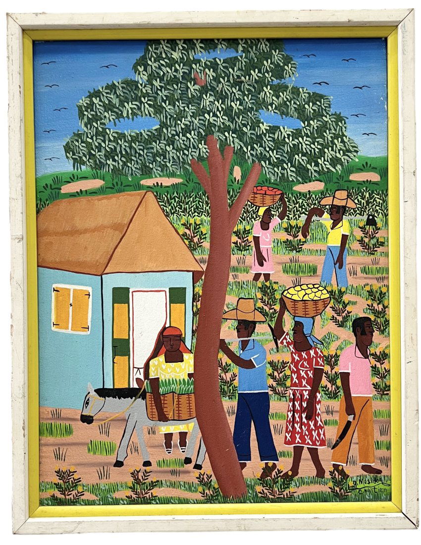 JACKSIN MESIDOR (20th c, Haiti) Naive Folk Art Painting Village Scene (1 of 4)