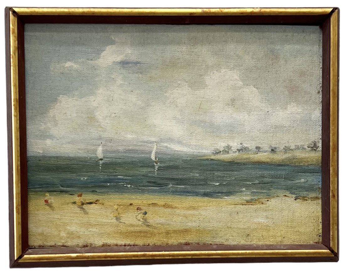Monastery Beach California Impressionist Beach Scene Children Playing Sailboats: Oil on board 9 x 12 in