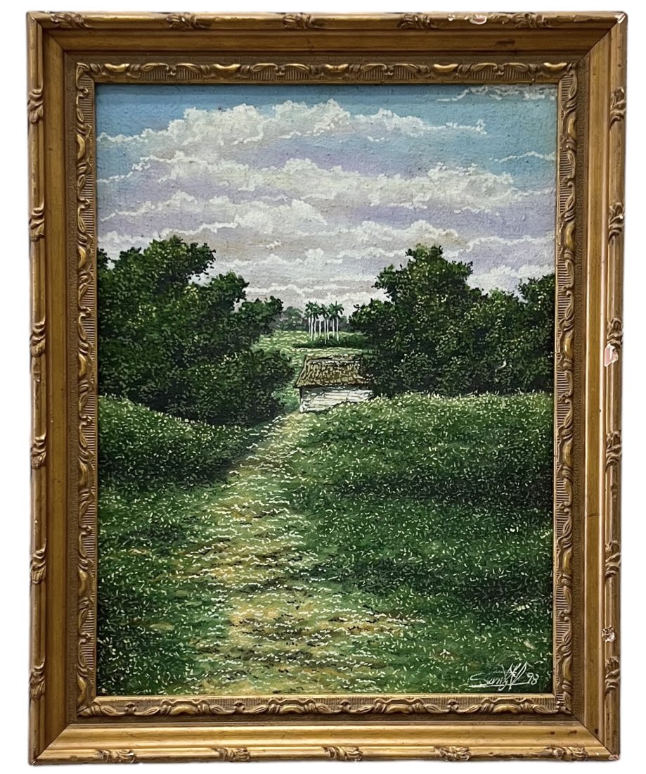 Vintage Impressive Cuban Landscape Painting, Signed: Oil on canvas 13 x 10 in, 15.5 x 12.5 in (framed)