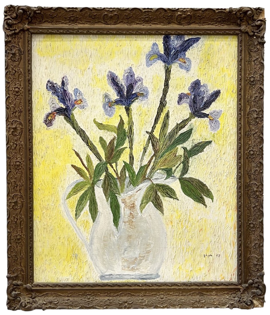 1960's Modernist Editorial Still Life Of Flowers, Signed: Oil on board 24 x 20 in, 28 x 24 in (framed)