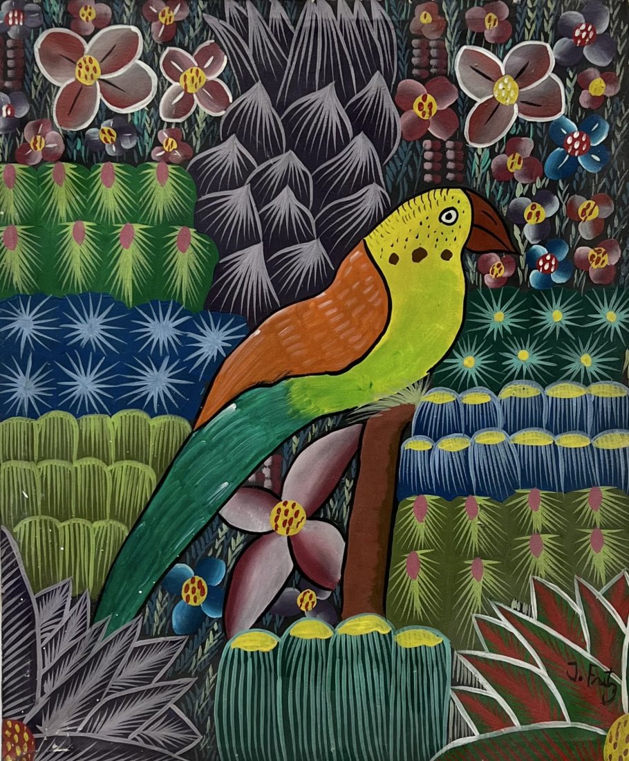 Colorful Haitian Naive Parrot Abstract Painting, Signed: Oil on canvas 24 x 20 in
