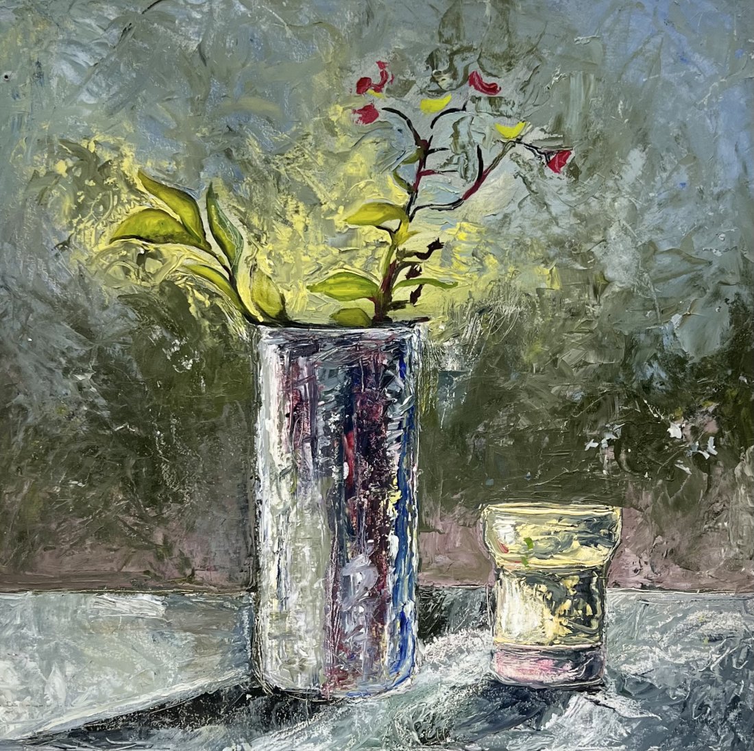 Vintage 1950's Modernist Still Life Of Flowers, Unsigned: Oil on board 24 x 24 in