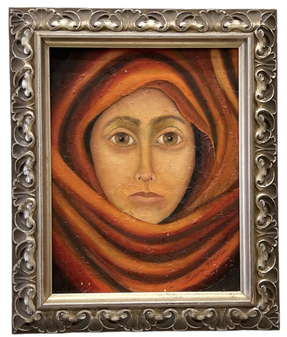 1970's Latin American Portrait Of A Woman, Signed: Oil on board 18 x 14 in, 23 x 19 in (framed)