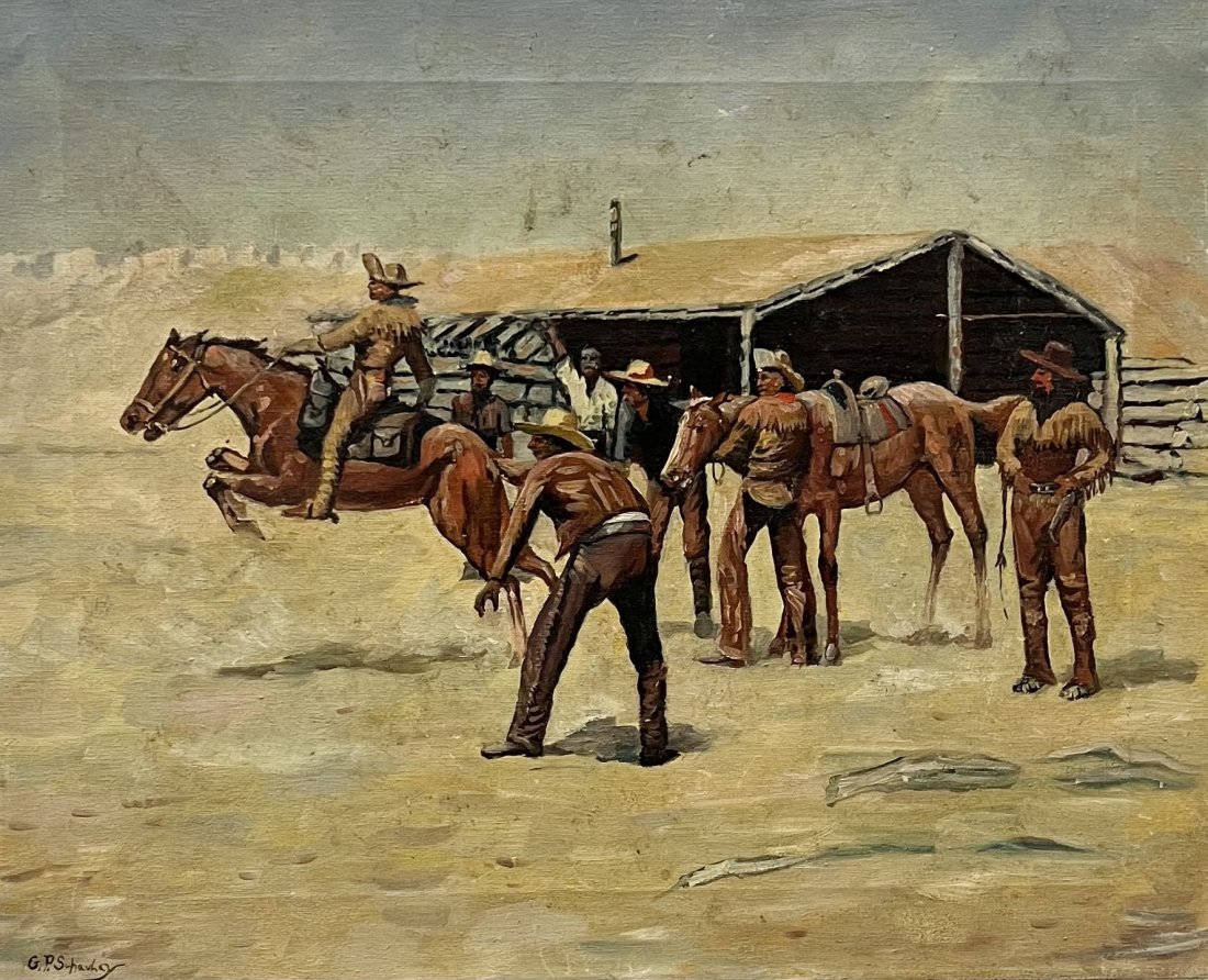 Vintage American West Painting Indian Cowboys Horse Ranch, Signed: Oil on canvas 20 x 16 in