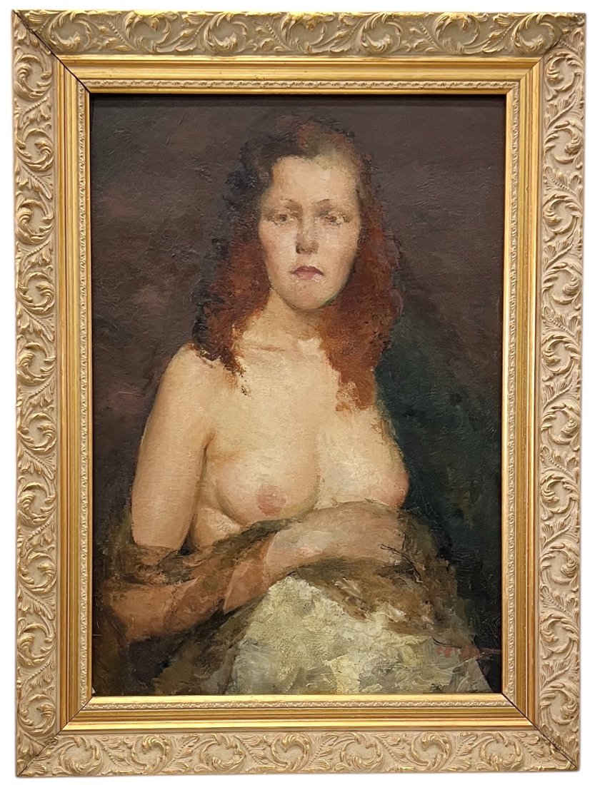 Antique American School Nude Red Head Portrait Of A Woman, Signed: Oil on board 26 x 18 in, 32 x 24 in (framed)