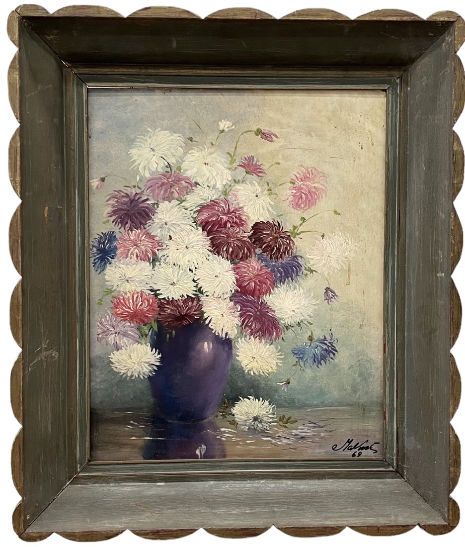 1960's Mid-Century American Still Life Of Flowers, Signed: Oil on board 20 x 16 in, 27 x 23 in (framed)