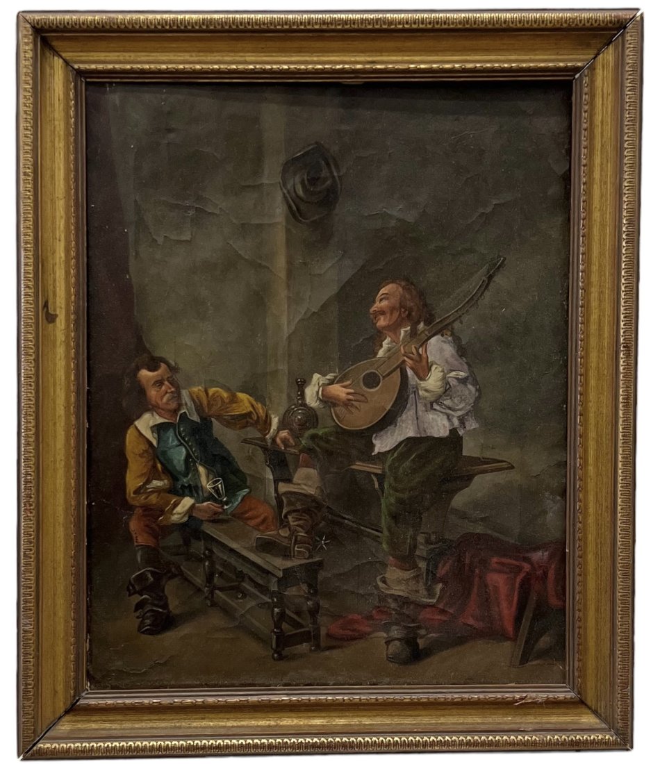 Antique Italian Genre Tavern Scene Of Drinking Musicians: Oil on canvas 20 x 16 in, 24 x 20 in (framed)