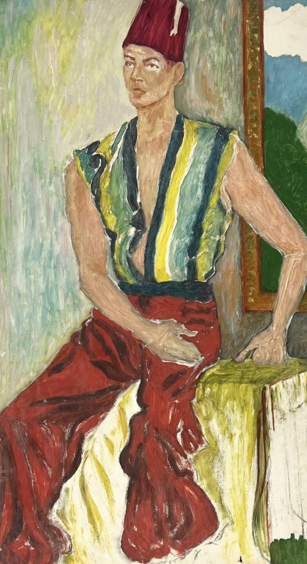 1940' Orientalist Muslim Portrait Of A Man Wearing A Prayer Cap: Oil on board 28 x 16 in