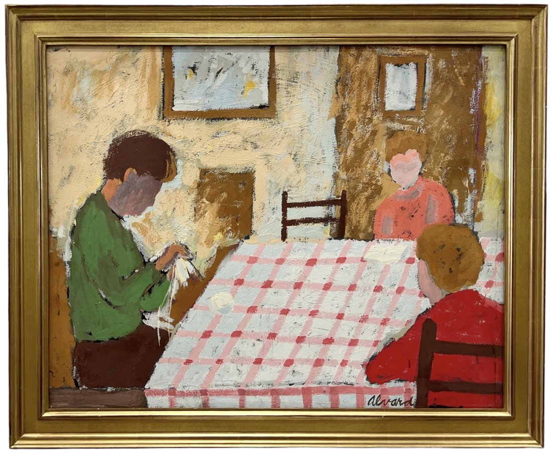 JULES ALVARD (b. 1945, France) Modernist Dinner Scene: Oil on canvas 29.5 x 24.5 in